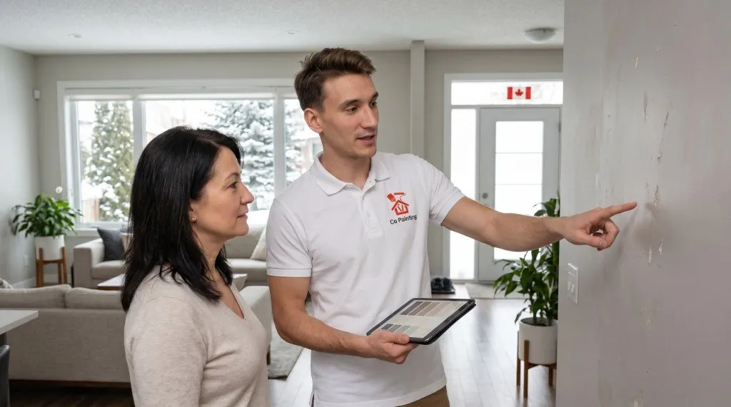 Co Painting reviewing paint colour options on a wall with a North York homeowner